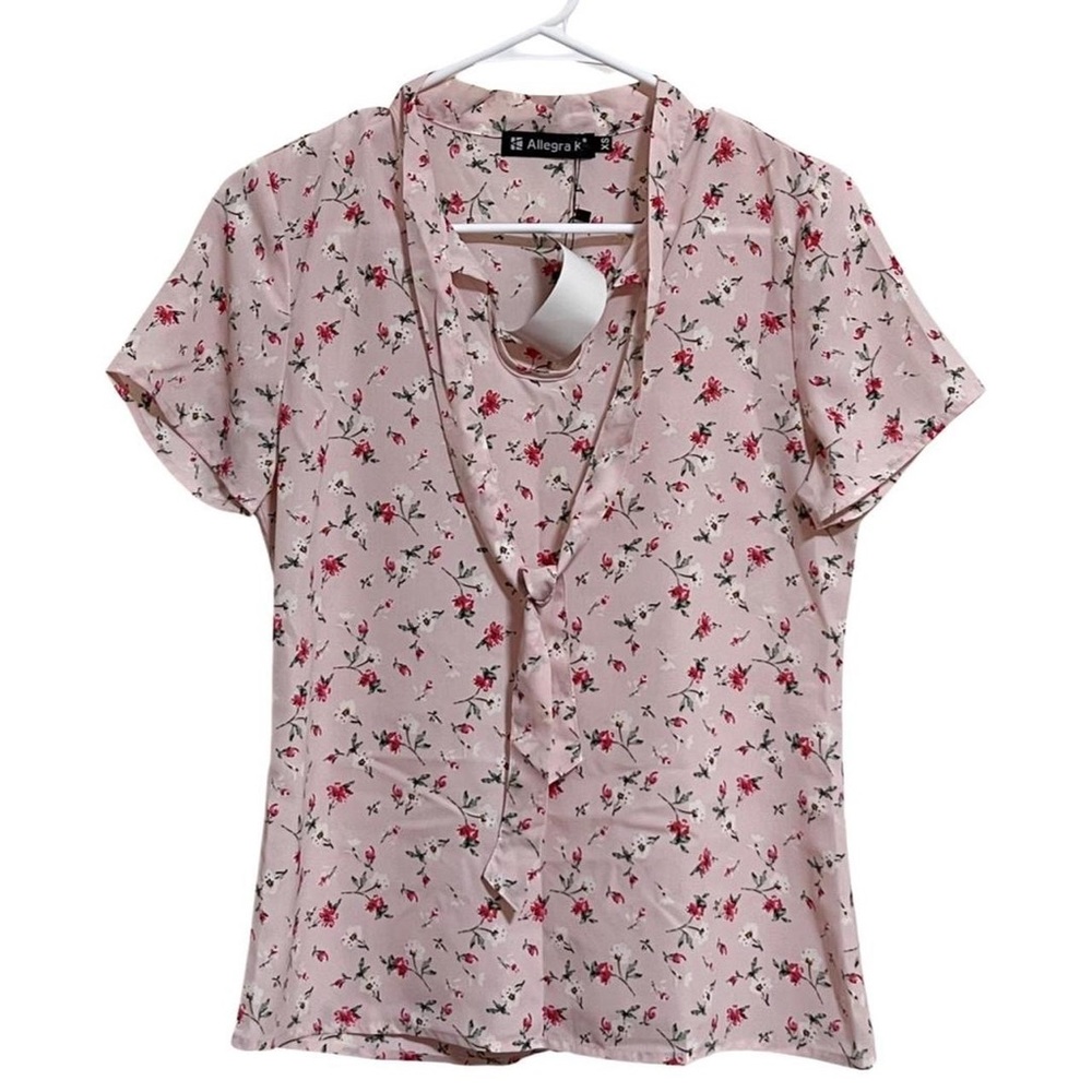 Allegra K Women's Cottagecore Bow Tie Neck Short Sleeve Printed Chiffon Blouse - Picture 2 of 5